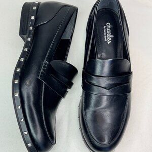 CHARLES DAVID Black Leather Penny Loafer with Silver Studs, Size 9.5M Women's